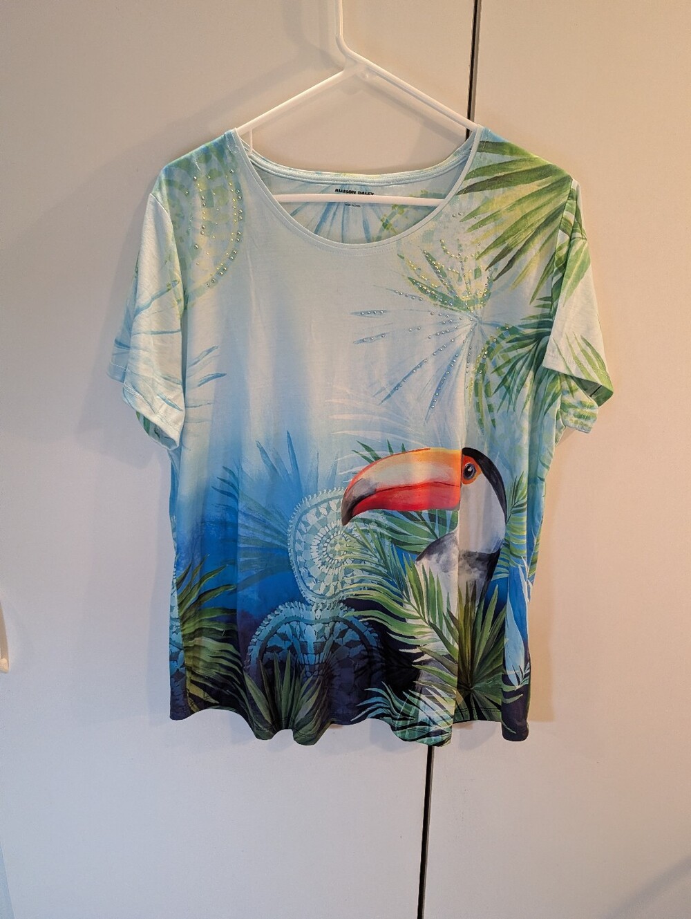 Allison Daley Tropical Toucan Print Short Sleeve Top - Blue Green